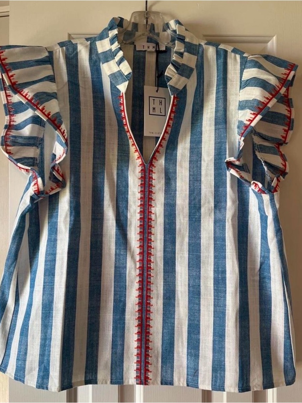 THML Blue and White Striped Ruffle Sleeve Top with Red Embroidered Trim